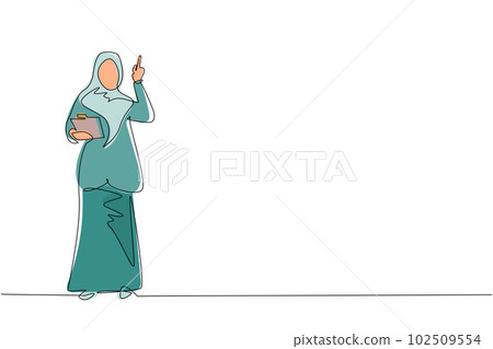 Single one line drawing young Arabian businesswoman wearing suit holding clipboard and pointing index finger up. Active person keeping file pad in hand. Continuous line draw design vector illustration 102509554