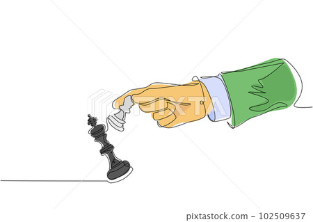 Continuous one line drawing man hand holding chess pawn. Male use pawn chess piece to crash opposite team king figure. Checkmate. Win in chess game. Single line draw design vector graphic illustration 102509637