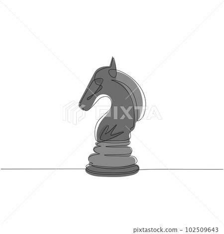 Single continuous line drawing horse knight chess logo isolated on white background. Chess logo for web site, app and print presentation. Creative art concept. One line draw design vector illustration Single continuous line drawing horse knight chess logo isolated on white background. Chess logo for web site, app and print presentation. Creative art concept. One line draw design vector illustration 102509643