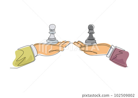 Single one line drawing business concept, of businessman hands, one holding pawn chess piece and the other hand too. Strategy and management. Continuous line draw design graphic vector illustration 102509802