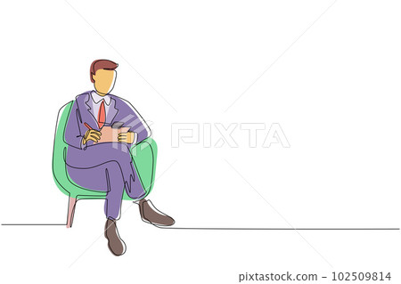 Single one line drawing young businessman with clipboard. Male executive sitting in armchair. Man taking notes. Psychology consultation. Modern continuous line draw design graphic vector illustration 102509814