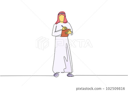 Single continuous line drawing male office secretary writing with clipboard. Arabian man in elegant wear, assisting in paper work. Business workwear trend, city fashion. One line draw design vector Single continuous line drawing male office secretary writing with clipboard. Arabian man in elegant wear, assisting in paper work. Business workwear trend, city fashion. One line draw design vector 102509816