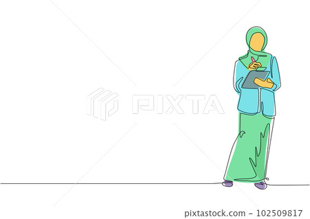 Single one line drawing female office secretary writing with clipboard. Arabic woman in elegant wear, assisting in paper work. Business workwear trend, city fashion. Continuous line draw design vector 102509817