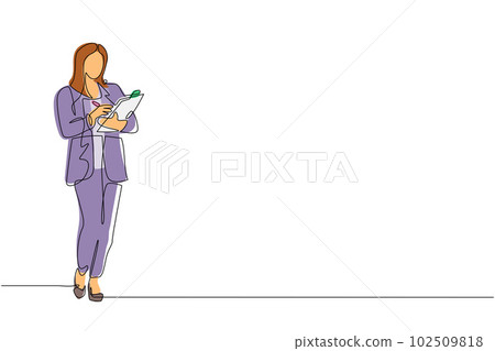 Continuous one line drawing female office secretary writing with clipboard. Smart woman in elegant wear, assisting in paper work. Business workwear trend, city fashion. Single line draw design vector 102509818