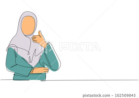 Single one line drawing confident Arab business woman thumbs up. Excited female dressed in hijab showing thumbs up sign. Deal, like, agree, approve, accept. Continuous line draw design graphic vector Single one line drawing confident Arab business woman thumbs up. Excited female dressed in hijab showing thumbs up sign. Deal, like, agree, approve, accept. Continuous line draw design graphic vector 102509843