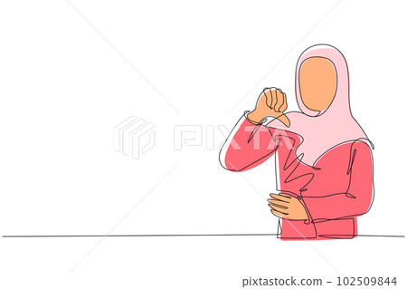 Continuous one line drawing unhappy young Arabian woman showing thumbs down sign gesture. Dislike, disagree, disappointment, disapprove, no deal. Emotion, body language. Single line draw design vector 102509844