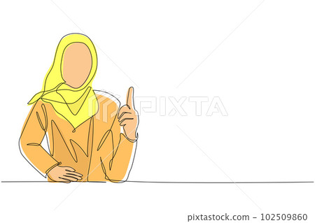 Single continuous line drawing young Arab female pointing up finger while standing and smiling. Happy woman pointing copy space. Emotion and body language concept. One line draw graphic design vector 102509860