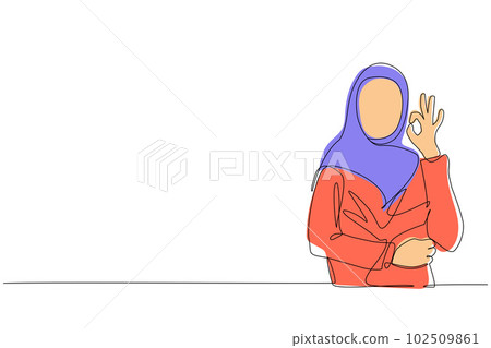 Single one line drawing Arabian woman in hijab gesturing ok sign. Okay sign, gesture language concept. Female standing showing ok sign with fingers. Continuous line draw design vector illustration 102509861