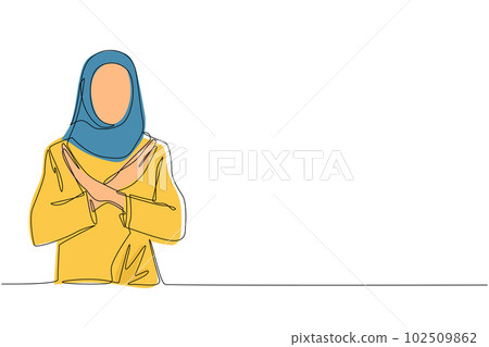 Single continuous line drawing young Arabian woman crossing arms and saying no gesture. Person making X shape, stop sign with hands and negative expression. One line draw design vector illustration 102509862