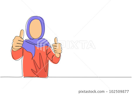 Single one line drawing confident Arab businesswoman thumbs up. Excited female dressed in hijab showing thumbs up sign. Deal, like, agree, approve, accept. Continuous line draw design graphic vector Single one line drawing confident Arab businesswoman thumbs up. Excited female dressed in hijab showing thumbs up sign. Deal, like, agree, approve, accept. Continuous line draw design graphic vector 102509877