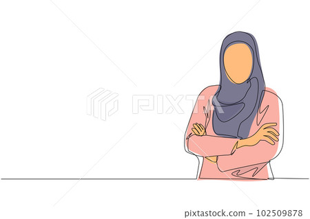 Single continuous line drawing young Arabian businesswoman standing with folded arms. Cute female in hijab with arms crossed standing isolated. Dynamic one line draw graphic design vector illustration Single continuous line drawing young Arabian businesswoman standing with folded arms. Cute female in hijab with arms crossed standing isolated. Dynamic one line draw graphic design vector illustration 102509878