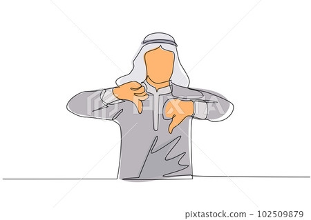 Single continuous line drawing unhappy young Arabian man showing thumbs down sign gesture. Dislike, disagree, disappointment, disapprove, no deal. Emotion, body language. One line draw design vector Single continuous line drawing unhappy young Arabian man showing thumbs down sign gesture. Dislike, disagree, disappointment, disapprove, no deal. Emotion, body language. One line draw design vector 102509879