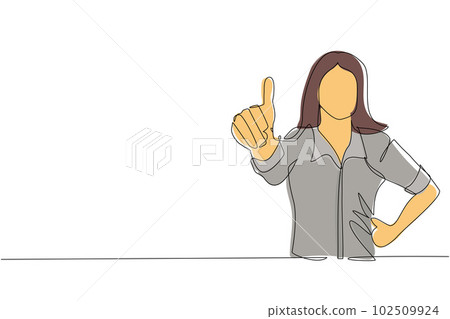 Single continuous line drawing confident businesswoman thumbs up. Excited female dressed in casual wear showing thumbs up sign. Deal, like, agree, approve, accept. One line draw graphic design vector 102509924