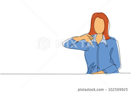 Single one line drawing unhappy young woman showing thumbs down sign gesture. Dislike, disagree, disappointment, disapprove, no deal. Emotion, body language concept. Continuous line draw design vector 102509925
