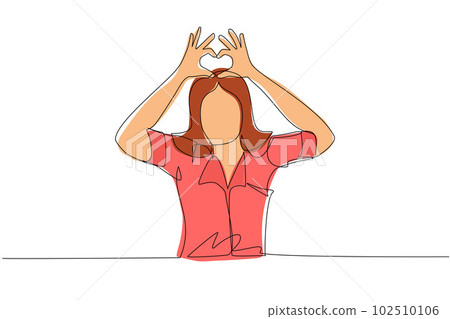 Single one line drawing young woman making or gesturing heart symbol with fingers. Modern female lifestyle, healthcare, love shape concept. Continuous line draw design graphic vector illustration 102510106