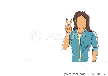 Single continuous line drawing smiling woman is showing victory sign. Young businesswoman gesture success. Female doing victory sign. Sign of success and peace. One line draw graphic design vector Single continuous line drawing smiling woman is showing victory sign. Young businesswoman gesture success. Female doing victory sign. Sign of success and peace. One line draw graphic design vector 102510107