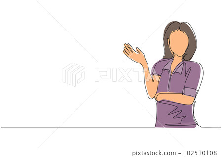 Continuous one line drawing beautiful woman in casual clothes presenting something. Young business woman showing something or presenting project. Single line draw design vector graphic illustration 102510108