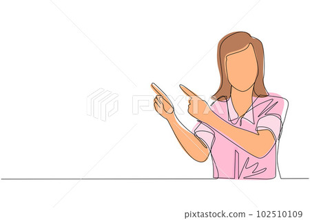 Continuous one line drawing young woman pointing away hands together and showing or presenting something while standing and smiling. Emotion and body language. Single line draw design vector graphic Continuous one line drawing young woman pointing away hands together and showing or presenting something while standing and smiling. Emotion and body language. Single line draw design vector graphic 102510109