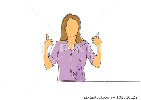 Single one line drawing confident businesswoman thumbs up. Excited female dressed in casual wear showing thumbs up sign. Deal, like, agree, approve, accept. Continuous line draw design graphic vector 102510122
