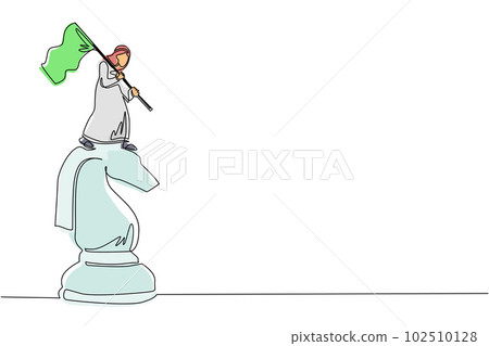 Continuous one line drawing Arabian businessman standing on top of big horse knight chess and waving a flag. Business achievement goal, metaphor concept. Single line draw design vector illustration 102510128