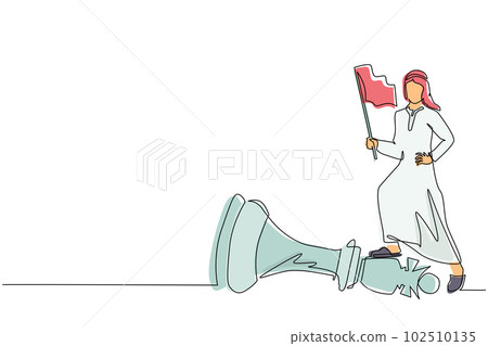 Continuous one line drawing Arabian businessman holding flag, defeat competitors in business as winning chess game. Strategy success using powerful move for advantage. Single line draw design vector 102510135