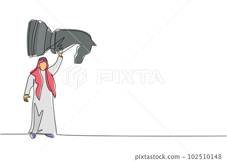 Single one line drawing Arabian businessman holding, lifting knight chess piece. Successful entrepreneurship tactics, strategy, superiority in business. Continuous line draw design vector illustration 102510148