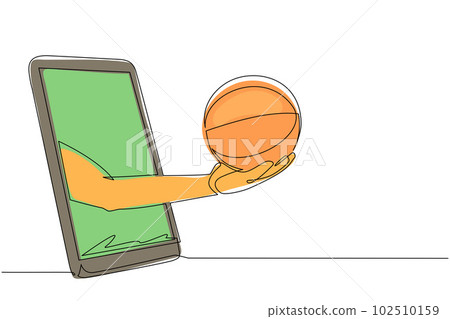 Single continuous line drawing player hand holds basketball ball through mobile phone. Smartphone with app basketball. Mobile sports stream championship. One line draw design vector illustration 102510159