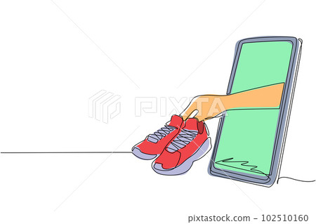 Single one line drawing basketball shoes in hand coming out from smartphone screen. Mobile basketball. Online basketball game with live mobile app. Continuous line draw design vector illustration Single one line drawing basketball shoes in hand coming out from smartphone screen. Mobile basketball. Online basketball game with live mobile app. Continuous line draw design vector illustration 102510160