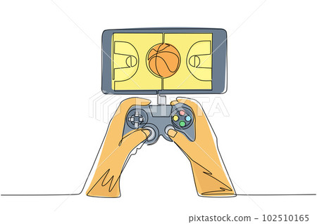 Single one line drawing smartphone connected with gamepad and playing basketball games. Mobile basketball. Mobile e-sports play match. Modern continuous line draw design graphic vector illustration 102510165