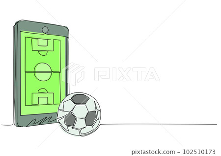 Single continuous line drawing smartphone with app soccer football field and ball. Mobile sport stream championship to play. Online football games. One line draw graphic design vector illustration 102510173