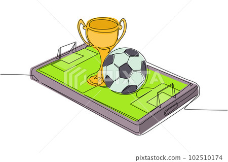 Single continuous line drawing soccer ball and trophy cup over virtual football field smartphone screen. Mobile football soccer. Online soccer game with live mobile app. One line draw design vector Single continuous line drawing soccer ball and trophy cup over virtual football field smartphone screen. Mobile football soccer. Online soccer game with live mobile app. One line draw design vector 102510174