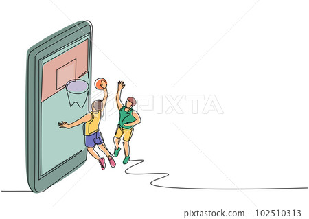 Single one line drawing two basketball players in action during game out of smartphone screen. One athlete throws ball into basket. Mobile basketball. Modern continuous line draw design graphic vector Single one line drawing two basketball players in action during game out of smartphone screen. One athlete throws ball into basket. Mobile basketball. Modern continuous line draw design graphic vector 102510313