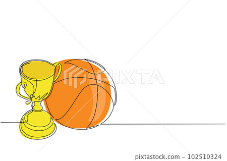 Single one line drawing trophy and basketball ball. Champion cup icon with basketball. Championship trophy. Sport tournament award, winner cup and victory concept. Continuous line draw design vector Single one line drawing trophy and basketball ball. Champion cup icon with basketball. Championship trophy. Sport tournament award, winner cup and victory concept. Continuous line draw design vector 102510324