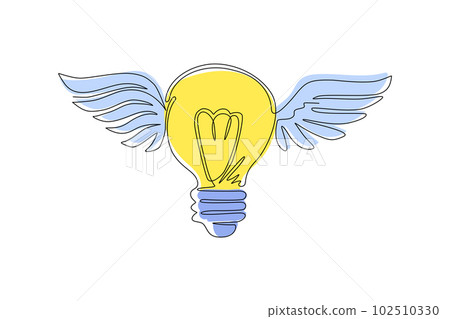 Continuous one line drawing flying bulbs with wings. Flat icon isolated. Imagination, fantasy icon. Knowhow sign. New business idea. Invention logo. Single line draw design vector graphic illustration Continuous one line drawing flying bulbs with wings. Flat icon isolated. Imagination, fantasy icon. Knowhow sign. New business idea. Invention logo. Single line draw design vector graphic illustration 102510330