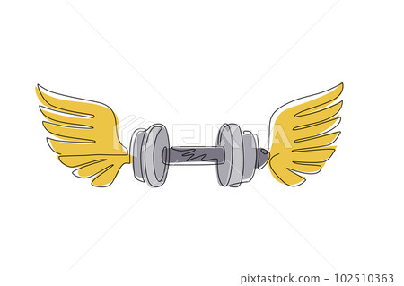 Single one line drawing winged graphic sign created with disc weight dumbbell sport equipment. Sport emblem for weightlifting gym and fitness club. Continuous line draw design vector illustration 102510363