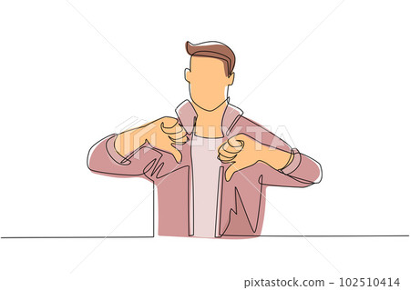 Single continuous line drawing unhappy young man showing thumbs down sign gesture. Dislike, disagree, disappointment, disapprove, no deal. Emotion, body language concept. One line draw design vector Single continuous line drawing unhappy young man showing thumbs down sign gesture. Dislike, disagree, disappointment, disapprove, no deal. Emotion, body language concept. One line draw design vector 102510414