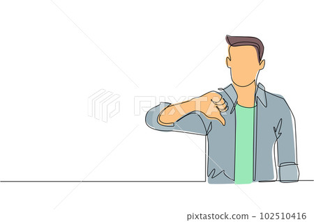 Single continuous line drawing unhappy young man showing thumbs down sign gesture. Dislike, disagree, disappointment, disapprove, no deal. Emotion, body language. One line draw graphic design vector Single continuous line drawing unhappy young man showing thumbs down sign gesture. Dislike, disagree, disappointment, disapprove, no deal. Emotion, body language. One line draw graphic design vector 102510416