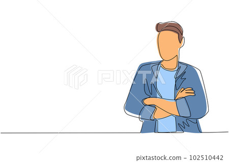 Continuous one line drawing young businessman standing with folded arms. Smiling handsome man in casual clothes with arms crossed standing isolated. Single line draw design vector graphic illustration 102510442