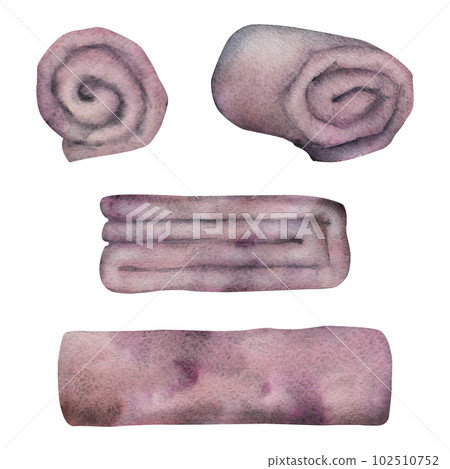 Hand drawn watercolor spa skincare bath towels folded and rolled, purple violet ochre. Isolated object on white background. Design for wall art, wellness resort, print, fabric, cover, card, booklet. Hand drawn watercolor spa skincare bath towels folded and rolled, purple violet ochre. Isolated object on white background. Design for wall art, wellness resort, print, fabric, cover, card, booklet. 102510752