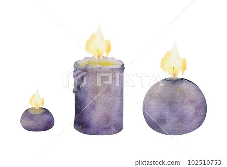 Hand drawn watercolor assorted candles lit with flames. Votives, balls, tea lights, pillars. Isolated object on white background. Design for wellness resort, print, fabric, cover, card, booklet. 102510753