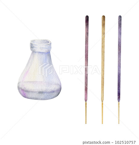 Hand drawn watercolor spa aromatherapy glass bottle and diffusor with incense sticks. Isolated object on white background. Design for wall art, wellness resort, print, fabric, cover, card, booklet. 102510757