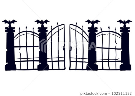 Old fence of cemetery. Halloween decoration. Black silhouette of gloomy wall. Old fence of cemetery. Halloween decoration. Black silhouette of gloomy wall. 102511152