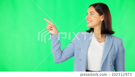 Business woman, face and pointing with green screen, list or review option by studio background. Happy businesswoman, point and portrait with mock up space for menu, checklist or decision by backdrop 102512973