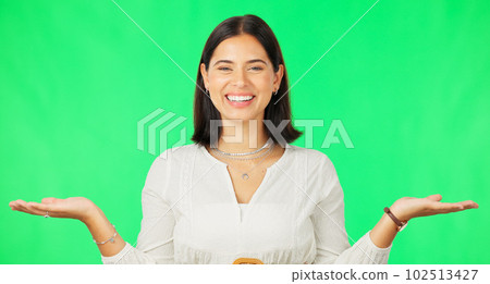 Happy woman, hand and green screen in product placement, decision or choice against studio background. Portrait of female face with smile showing advertisement, marketing or sale on copy space mockup 102513427