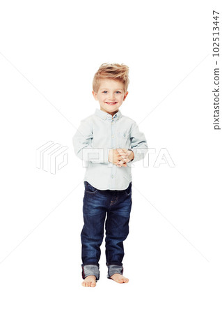 Happy, fashion and portrait of a child in jeans isolated on a white background in a studio. Smile, cute and a young boy kid with happiness for stylish and fashionable clothes as a toddler model 102513447