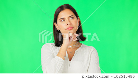 Face, idea and decision with a woman on a green screen background in studio to consider an option. Thinking, mind and contemplating with an attractive young female looking thoughtful on chromakey Face, idea and decision with a woman on a green screen background in studio to consider an option. Thinking, mind and contemplating with an attractive young female looking thoughtful on chromakey 102513496