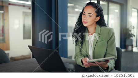 Reading tablet report, laptop and woman thinking of financial portfolio review, stock market feedback or investment. Forex, data and African trader idea for NFT, bitcoin or crypto trading inspiration Reading tablet report, laptop and woman thinking of financial portfolio review, stock market feedback or investment. Forex, data and African trader idea for NFT, bitcoin or crypto trading inspiration 102513502