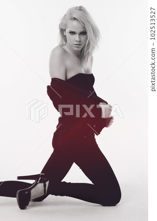 Sexy, fashion and punk with portrait of woman in studio for edgy, glamour and beauty. Creative, aesthetic and rocker trendy with female model isolated on background for monochrome, black and white 102513527