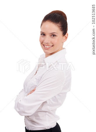 Happy, work and portrait of a woman with arms crossed isolated on a white background in a studio. Smile, pride and a corporate employee with happiness, confidence and professional for a company Happy, work and portrait of a woman with arms crossed isolated on a white background in a studio. Smile, pride and a corporate employee with happiness, confidence and professional for a company 102513685