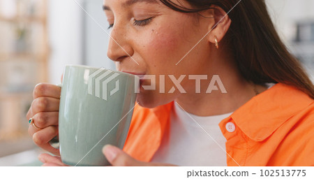 Relax, thinking and happy woman with coffee on break drinking with smile on face with peace and calm. Freedom, happiness and smiling girl enjoying nostalgic memory, aroma and cup at tea time in home. 102513775